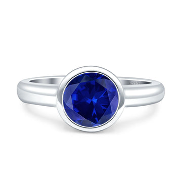 Bezel Set 7mm Round Engagement Ring Simulated Blue Sapphire CZ 925 Sterling Silver Wholesale